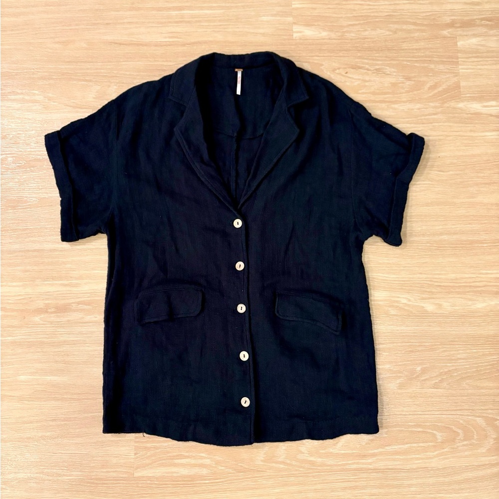 Free People Navy Blue Linen Blend Boxy Button Down Top Oversized Boho Shirt S